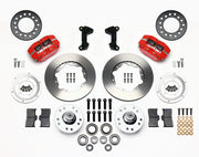 Wilwood Mustang II, Pinto and Bobcat front parts layout with red Dynapro dust-boot calipers, 11-inch plain-face rotors, separate hubs, bearings, pads and mounting brackets