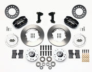 Wilwood Mustang II, Pinto and Bobcat front parts layout with black Dynapro dust-boot calipers, 11-inch plain-face rotors, separate hubs, bearings, pads and mounting brackets