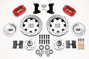 Wilwood Mustang II, Pinto and Bobcat front parts layout with red Dynapro dust-boot calipers, 12.19-inch drilled-and-slotted rotors, separate hubs, bearings, pads and mounting brackets