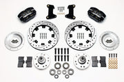 Wilwood Mustang II, Pinto and Bobcat front parts layout with black Dynapro dust-boot calipers, 12.19-inch drilled-and-slotted rotors, separate hubs, bearings, pads and mounting brackets