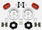 Wilwood Mazda Miata front parts layout with red Dynalite calipers, 11-inch slotted rotor rings, hats and brackets, pads and separate fasteners