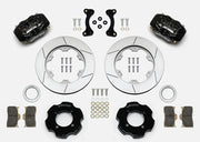 Wilwood Mazda Miata front parts layout with black Dynalite calipers, 11-inch slotted rotor rings, hats and brackets, pads and separate fasteners