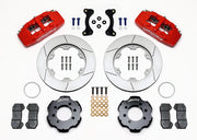 Wilwood Mazda Miata front parts layout with red Dynapro 6 calipers, 11-inch slotted rotor rings, hats and brackets, pads and separate fasteners