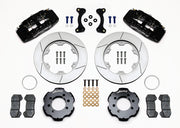 Wilwood Mazda Miata front parts layout with black Dynapro 6 calipers, 11-inch slotted rotor rings, hats and brackets, pads and separate fasteners