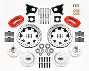 Wilwood AMC Kelsey-Hayes spindle front brake parts with red calipers, drilled-and-slotted rotors, separate hubs, bearings, pads and mounting brackets