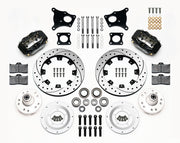 Wilwood AMC Kelsey-Hayes spindle front brake parts with black calipers, drilled-and-slotted rotors, separate hubs, bearings, pads and mounting brackets