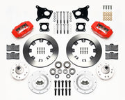 Wilwood AMC Kelsey-Hayes spindle front brake parts with red calipers, plain-face rotors, separate hubs, bearings, pads and mounting brackets