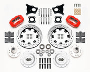 Wilwood AMC Kelsey-Hayes spindle front brake parts with red calipers, drilled-and-slotted rotor rings, separate hubs, bearings, pads and mounting brackets