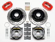 Wilwood AMC Javelin and Javelin AMX rear kit laid out with red calipers, drilled-and-slotted rotors, parking-brake assemblies, pads and mounting hardware