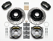 Wilwood AMC Javelin and Javelin AMX rear kit laid out with black calipers, drilled-and-slotted rotors, parking-brake assemblies, pads and mounting hardware