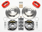Wilwood AMC Javelin and Javelin AMX rear kit laid out with red calipers, plain-face rotors, parking-brake assemblies, pads and mounting hardware