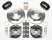 Wilwood AMC Javelin and Javelin AMX rear kit laid out with black calipers, plain-face rotors, parking-brake assemblies, pads and mounting hardware
