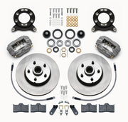 Wilwood later Ford/Mercury front Dynalite-M brake kit laid out with anodized calipers, plain-face rotor/hubs, bearings, pads and mounting hardware, with hoses