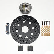 Wilwood Sprint right-rear Dynapro Single brake kit laid out with one black caliper, drilled rotor, two pads, bracket and fasteners