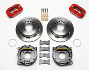 Wilwood BOP rear Dynapro Low-Profile parking-brake kit laid out with red calipers, plain-face rotors, internal parking-shoe assemblies and mounting parts