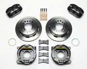 Wilwood BOP rear Dynapro Low-Profile parking-brake kit laid out with black calipers, plain-face rotors, internal parking-shoe assemblies and mounting parts