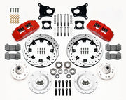 Wilwood AMC front Dynapro 6 brake kit laid out with red calipers, drilled and slotted rotor rings, rotor adapter plates, wheel hubs, pads and brackets