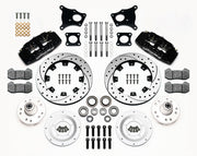 Wilwood AMC front Dynapro 6 brake kit laid out with black calipers, drilled and slotted rotor rings, rotor adapter plates, wheel hubs, pads and brackets