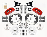 Wilwood AMC front Dynapro 6 brake kit laid out with red calipers, plain-face rotor rings, rotor adapter plates, wheel hubs, pads and brackets