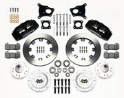 Wilwood AMC front Dynapro 6 brake kit laid out with black calipers, plain-face rotor rings, rotor adapter plates, wheel hubs, pads and brackets