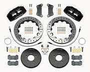 Wilwood Mazda 3 front Dynapro 6 brake kit laid out with black calipers, drilled and slotted rotors and hats, pads and mounting brackets, with hoses