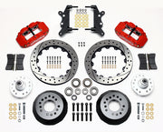 Wilwood full-size Ford/Edsel/Mercury front Superlite brake kit laid out with red calipers, drilled and slotted rotor rings, hats, wheel hubs, pads and brackets