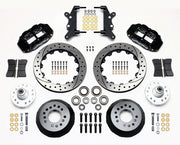 Wilwood full-size Ford/Edsel/Mercury front Superlite brake kit laid out with black calipers, drilled and slotted rotor rings, hats, wheel hubs, pads and brackets