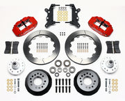Wilwood full-size Ford/Edsel/Mercury front Superlite brake kit laid out with red calipers, slotted rotor rings, hats, wheel hubs, pads and brackets