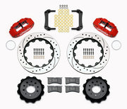 Wilwood Morrison IRS rear Superlite brake kit laid out with red calipers, drilled and slotted rotors and hats, pads and mounting brackets