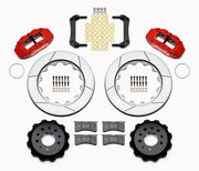 Wilwood Morrison IRS rear Superlite brake kit laid out with red calipers, slotted rotors and hats, pads and mounting brackets