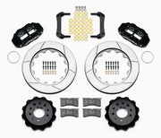 Wilwood Morrison IRS rear Superlite brake kit laid out with black calipers, slotted rotors and hats, pads and mounting brackets
