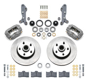 Wilwood full-size front Dynalite-M brake kit laid out with anodized calipers, plain-face rotor/hubs, bearings, pads and mounting hardware
