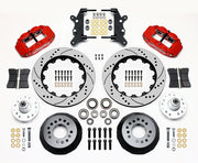 Wilwood full-size front 14-inch Superlite brake kit laid out with red calipers, drilled and slotted rotor rings, hats, wheel hubs, pads and brackets