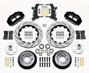 Wilwood full-size front 14-inch Superlite brake kit laid out with black calipers, drilled and slotted rotor rings, hats, wheel hubs, pads and brackets