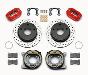 Wilwood Bronco New Style rear Dynapro parking-brake kit laid out with red calipers, drilled and slotted rotors, internal parking-shoe assemblies and mounting parts