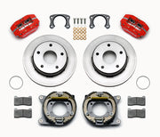 Wilwood Bronco New Style rear Dynapro parking-brake kit laid out with red calipers, plain-face rotors, internal parking-shoe assemblies and mounting parts