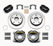 Wilwood Bronco New Style rear Dynapro parking-brake kit laid out with black calipers, plain-face rotors, internal parking-shoe assemblies and mounting parts