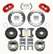 Wilwood Bronco New Style rear 12.88-inch Superlite brake kit laid out with red calipers, slotted rotors, internal parking-shoe assemblies and mounting parts