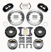 Wilwood Bronco New Style rear 12.88-inch Superlite brake kit laid out with black calipers, slotted rotors, internal parking-shoe assemblies and mounting parts