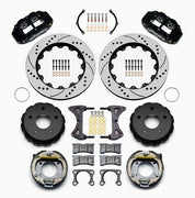 Wilwood Bronco New Style rear 14-inch Superlite brake kit laid out with black calipers, drilled and slotted rotors, internal parking-shoe assemblies and mounting parts