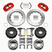 Wilwood Bronco New Style rear 14-inch Superlite brake kit laid out with red calipers, slotted rotors, internal parking-shoe assemblies and mounting parts