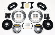 Wilwood staggered GM 12-bolt rear brake kit laid out with black calipers, slotted rotors, internal parking-shoe assemblies and mounting parts