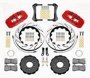 Wilwood Mustang BMR front AERO6 brake kit laid out with red calipers, drilled and slotted rotors and hats, pads and mounting brackets, with hoses