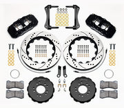 Wilwood Mustang BMR front AERO6 brake kit laid out with black calipers, drilled and slotted rotors and hats, pads and mounting brackets, with hoses