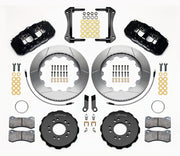 Wilwood Mustang BMR front AERO6 brake kit laid out with black calipers, slotted rotors and hats, pads and mounting brackets, with hoses