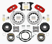 Wilwood Mustang BMR rear AERO4 parking-brake kit laid out with red calipers, drilled and slotted rotors, internal parking-shoe assemblies and mounting parts, with cables and hoses