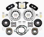 Wilwood Mustang BMR rear AERO4 parking-brake kit laid out with black calipers, drilled and slotted rotors, internal parking-shoe assemblies and mounting parts, with cables and hoses