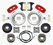 Wilwood Mustang BMR rear AERO4 parking-brake kit laid out with red calipers, slotted rotors, internal parking-shoe assemblies and mounting parts, with cables and hoses