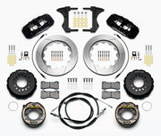 Wilwood Mustang BMR rear AERO4 parking-brake kit laid out with black calipers, slotted rotors, internal parking-shoe assemblies and mounting parts, with cables and hoses