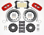 Wilwood Corvette C7 front AERO6 brake kit laid out with red calipers, drilled and slotted rotors and hats, pads and mounting brackets, with hoses